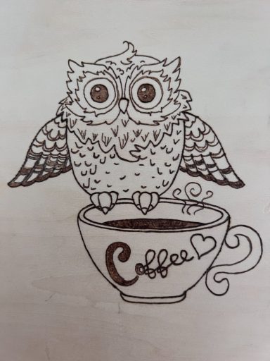 Owl and Coffee - Pyrography